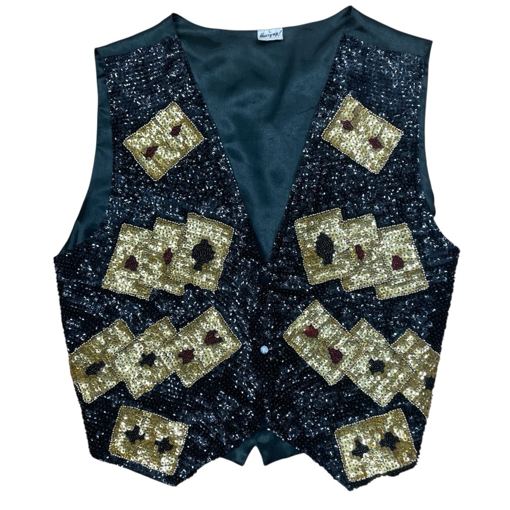 Vegas Sequin Vest LG Black Casino Playing Cards Quirky Unique Artsy Vintage